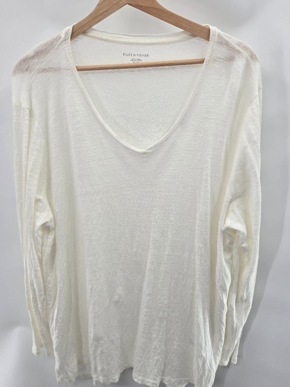 Eileen Fisher White Organic Linen V-Neck Long Sleeve Top Sheer XL